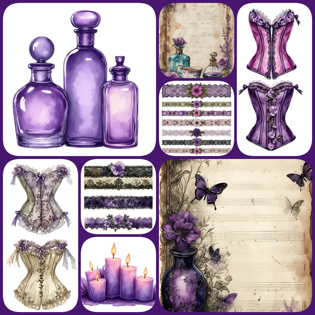 purple clipart, vintage purple, purple stickers, purple fussy cuts, floral clipart, junk journal, scrapbooking paper, vintage stationery, decoupage paper, sublimation PNG, transparent clipart, antique flowers, purple ephemera, high resolution PNG, purple