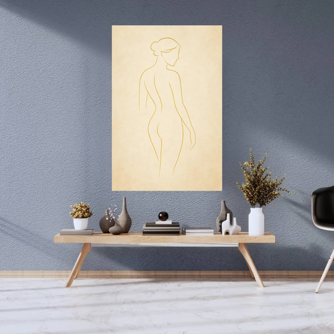 female silhouette art, minimalist female art, gold line art, elegant woman print, digital feminine artwork, modern classical sculpture, textured background art, cream wall art, soft gold digital print, graceful silhouette design, contemporary female form,