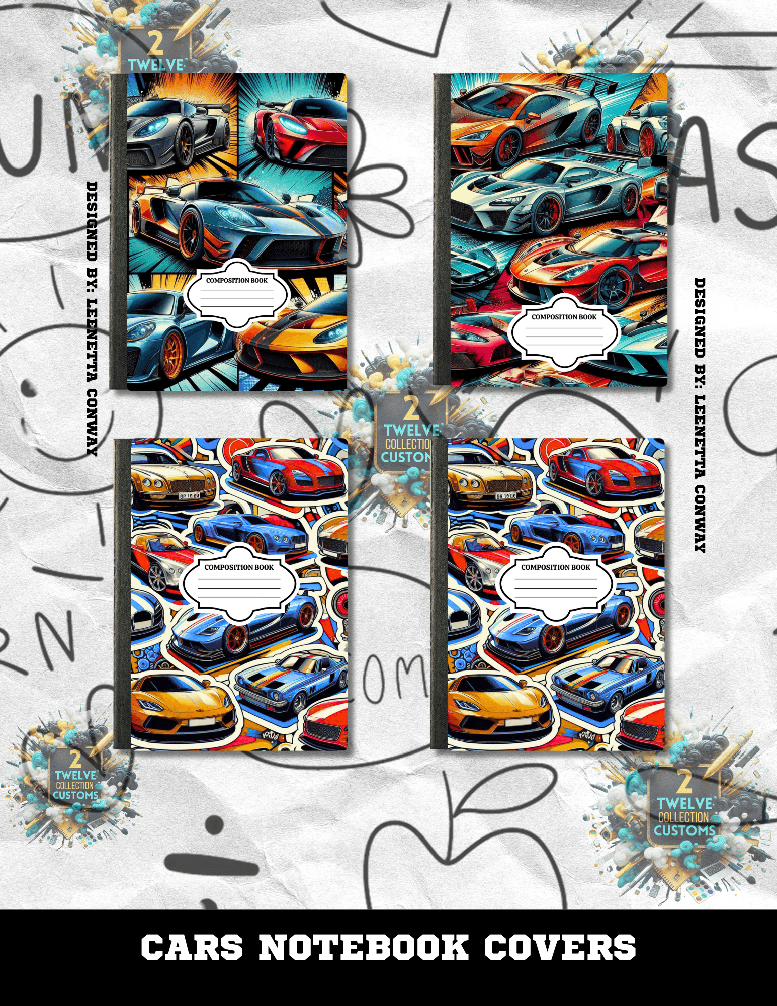 Cars Composition Notebook Covers Canva Template 4 Pack - Payhip