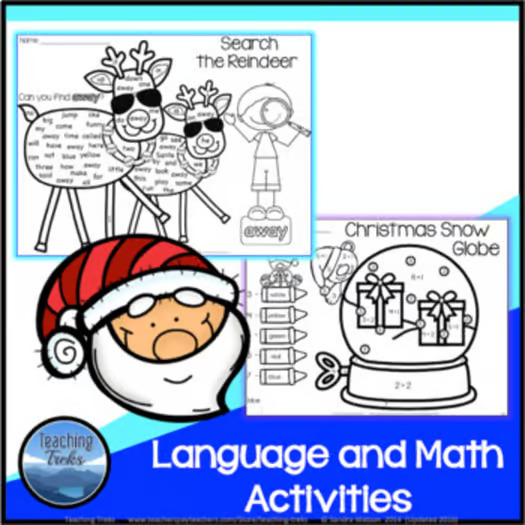 Christmas Kindergarten Worksheets – 50 NO PREP Math & Literacy Printables + 56 Word Wall Cards
