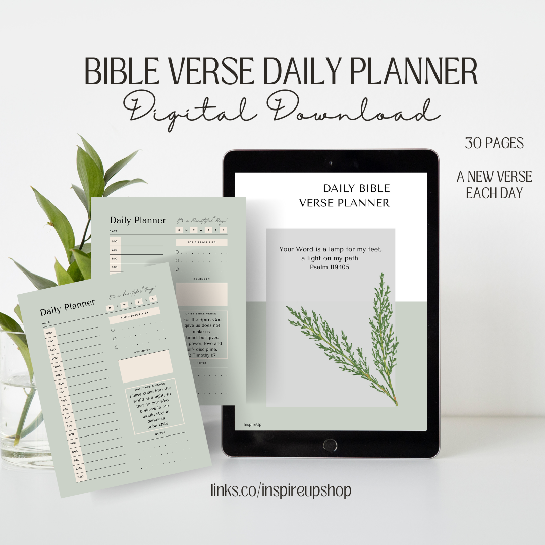 Organize your life and nurture your spirit with our Daily Bible Verse digital download planner.     Enjoy reading verses that will bring about your best day! Designed to inspire and motivate. Use on a tablet or print out pages for daily use.    30 Differe