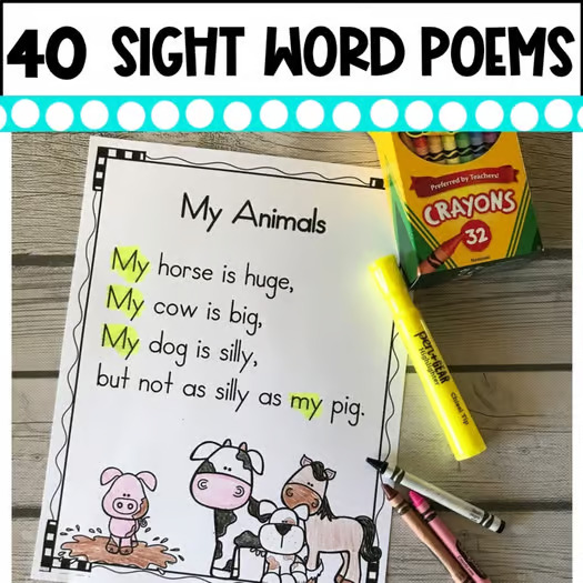 40 Sight Word Poems for Shared Reading - Kindergarten Poetry Sight Word Activity
