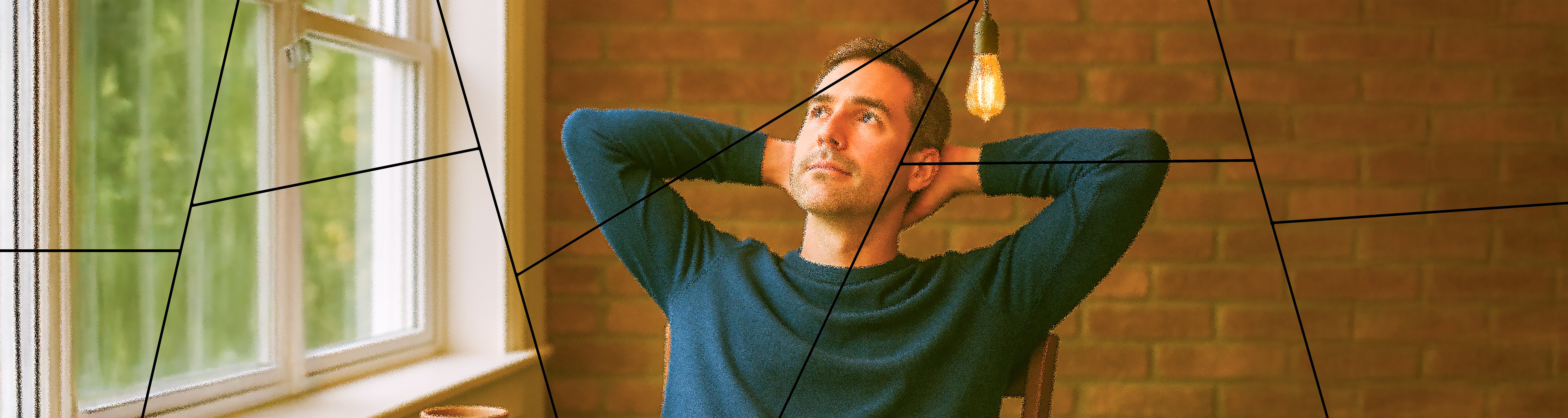 Man sits back reflectively in a chair under a warm hanging bulb, illustrating a course called "Creative Thinking – Finding new ways of seeing, thinking, and solving problems.”