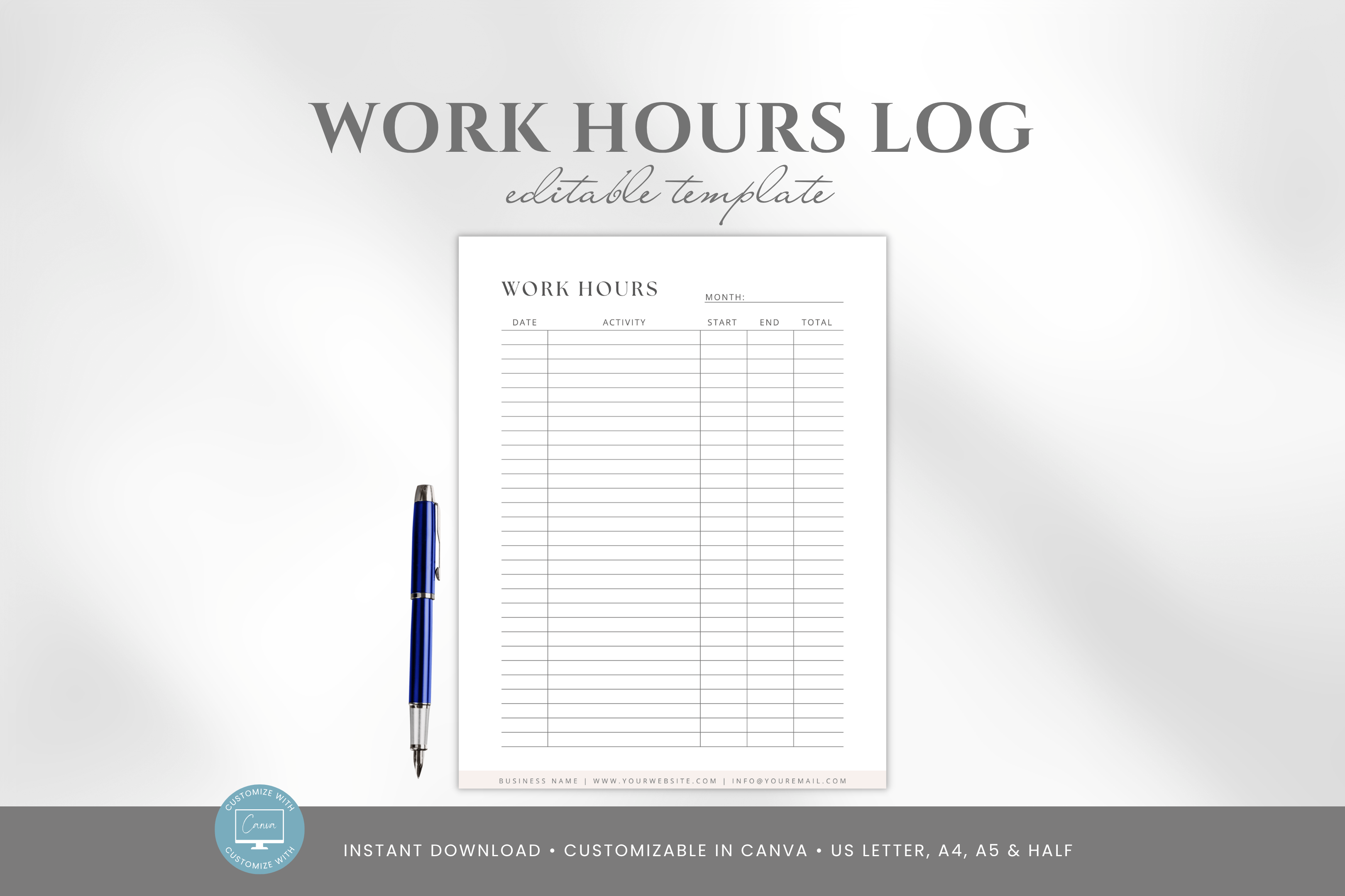 Editable Work Hours Log Template, Canva Time Tracker Sheet for ...