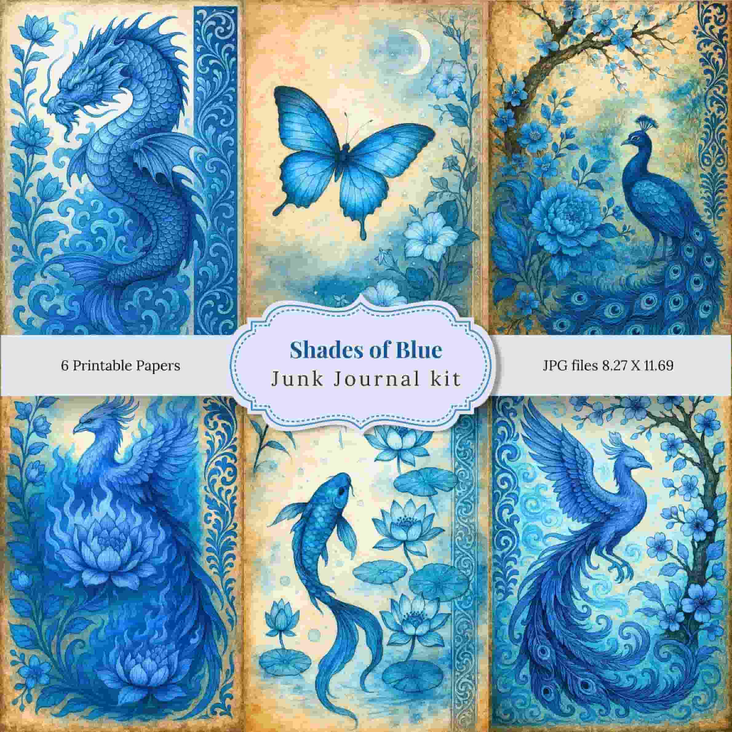 Blue Junk Journal Kit - 6 Printable Digital Papers 8.27x11