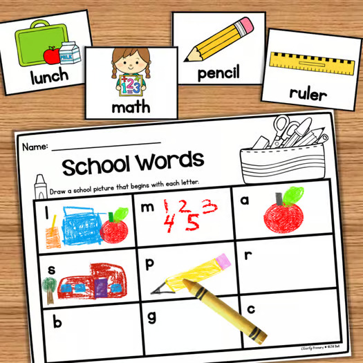 School Words, Vocabulary, Kindergarten and First Grade FREE