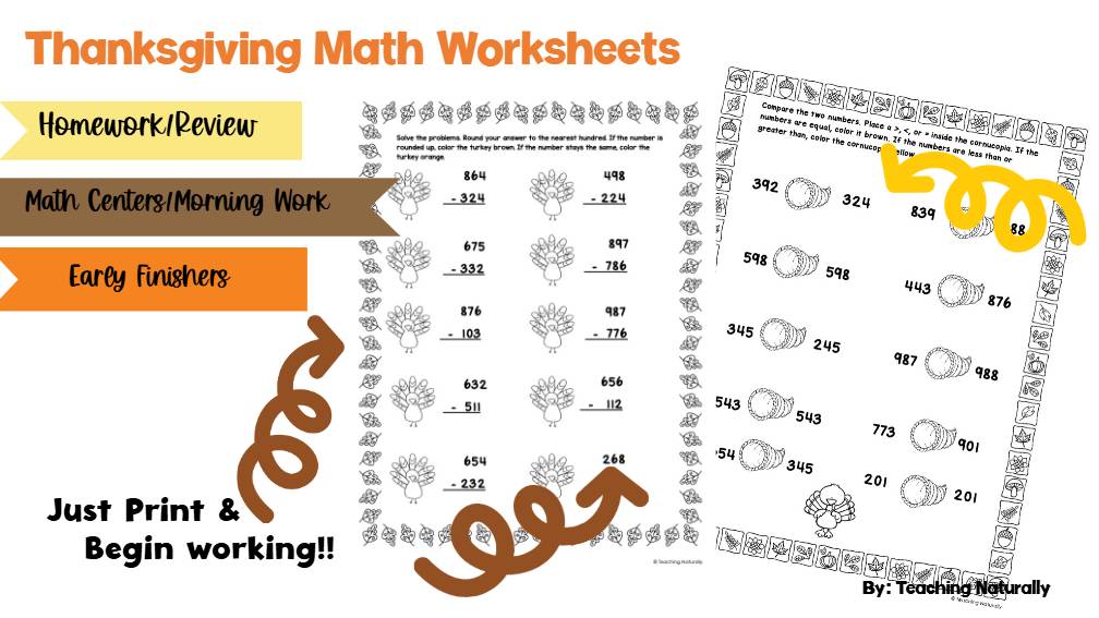 Thanksgiving Math Printable Worksheets Addition, Subtraction, Word Problems