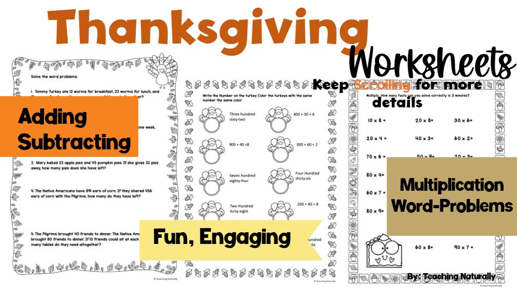 Thanksgiving Math Printable Worksheets Addition, Subtraction, Word Problems