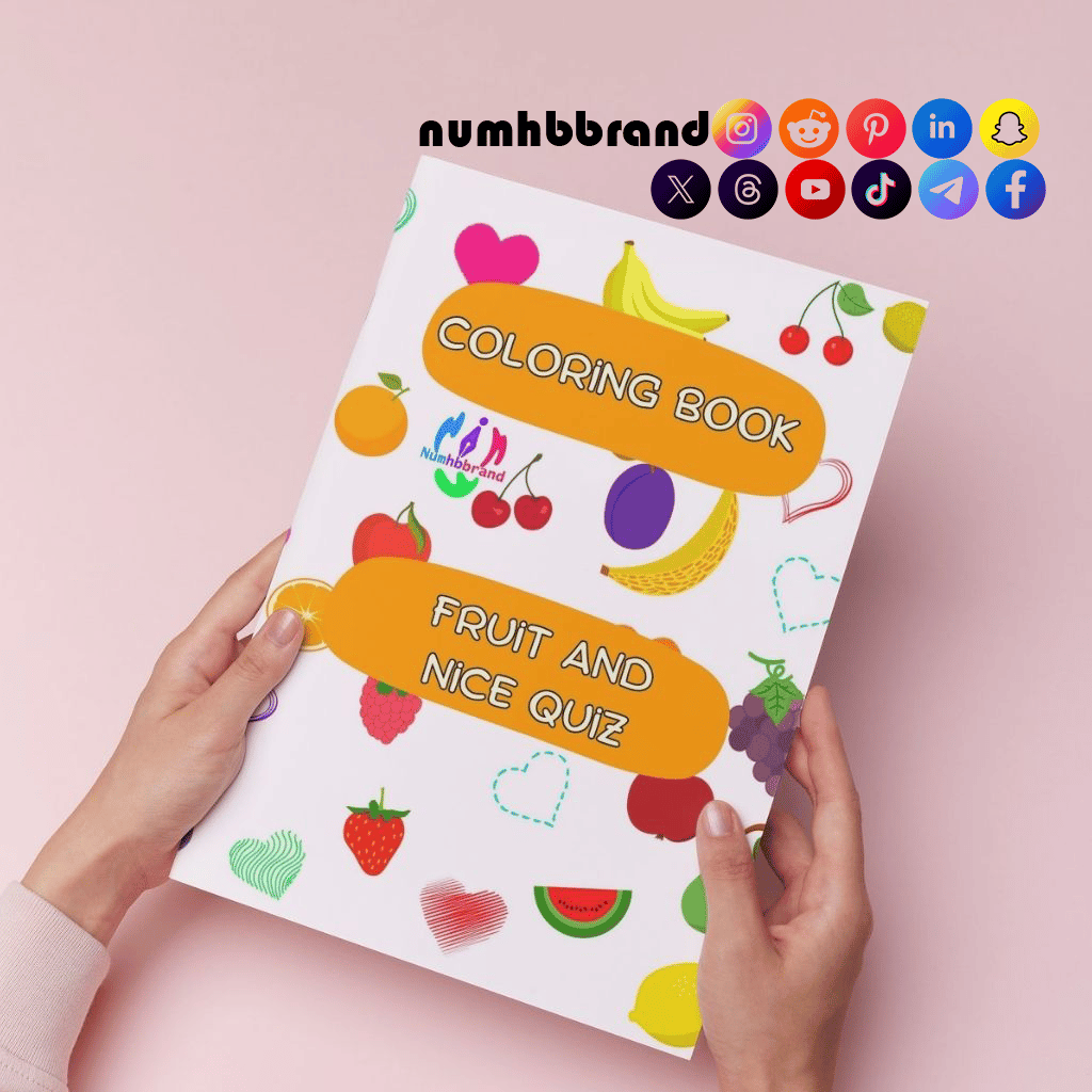Hands holding a colorful children's coloring book titled 'Coloring Book: Fruit and Nice Quiz' featuring illustrated fruits like bananas, cherries, apples, strawberries, and watermelon on a white cover. The book is from NumhbBrand and designed for fun learning and quizzes about fruits, set on a pastel pink background