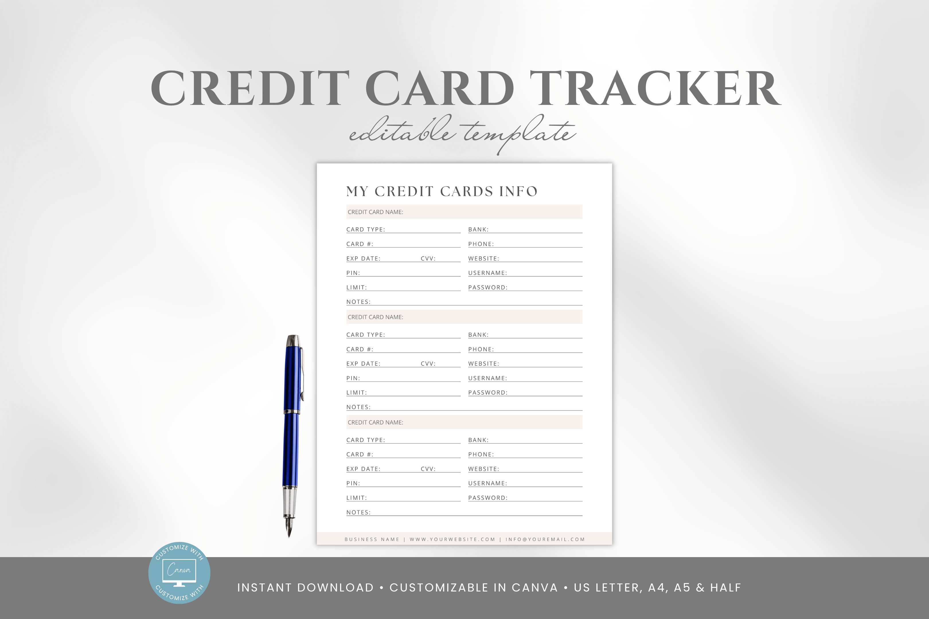 Credit Card Info Tracker, Editable Canva Template, Digital Credit Card ...