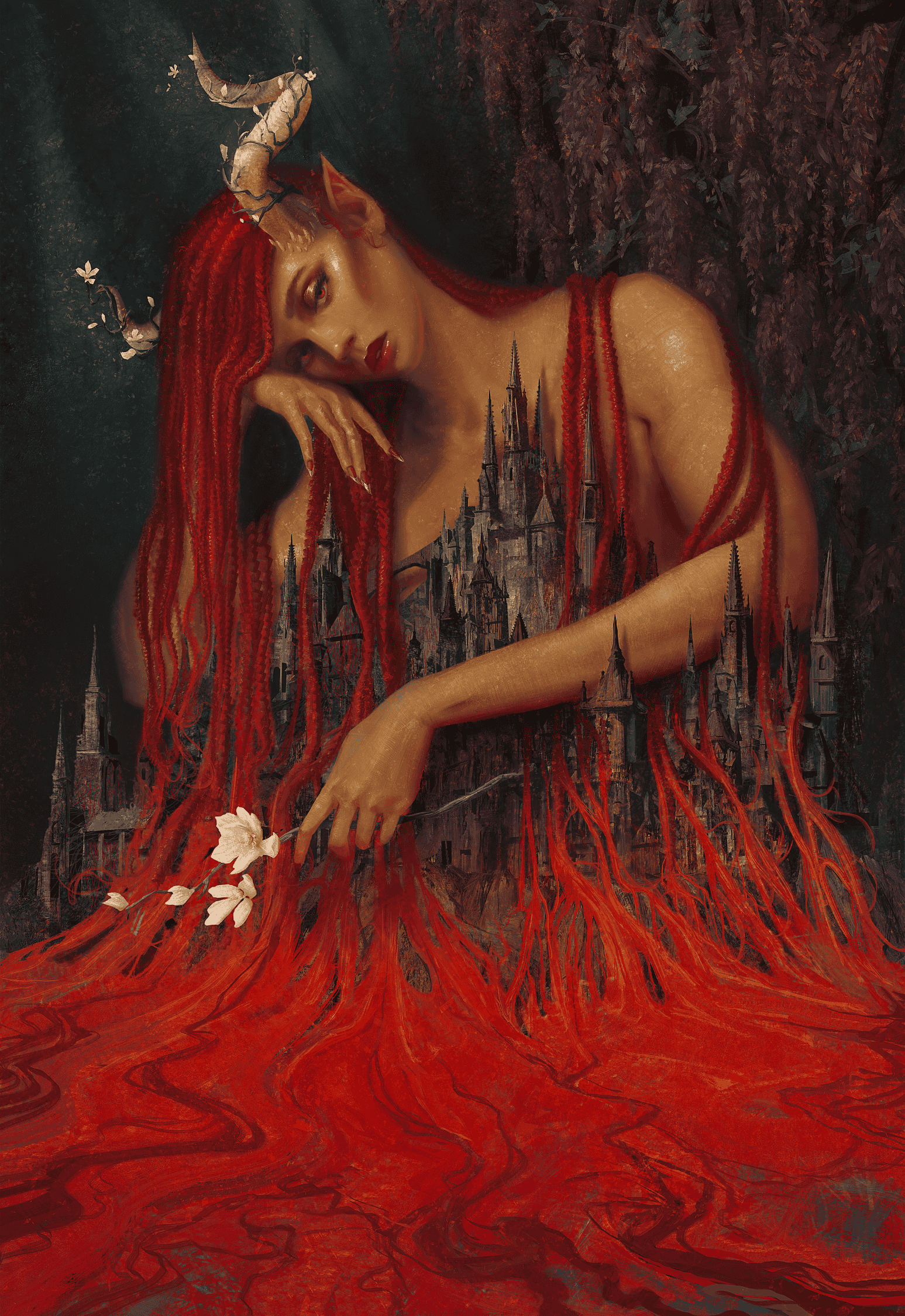 A gothic book cover illustrated by Elaine Ho with typography by Cass at Opulent Designs. A regal Black woman gazes at the viewer. She is larger than life, towering head and shoulders above a dark castle. Her white horns are twined with flowering vines, and her red braids flow over the castle, hair transforming to a pool of blood at the foundation. She holds a white magnolia bloom. The title The Flowers I Deserve is set against the red in a sharp white serif font.