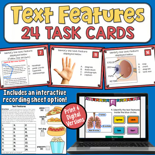 Nonfiction Text Features: Task Cards in Printable and Digital Formats