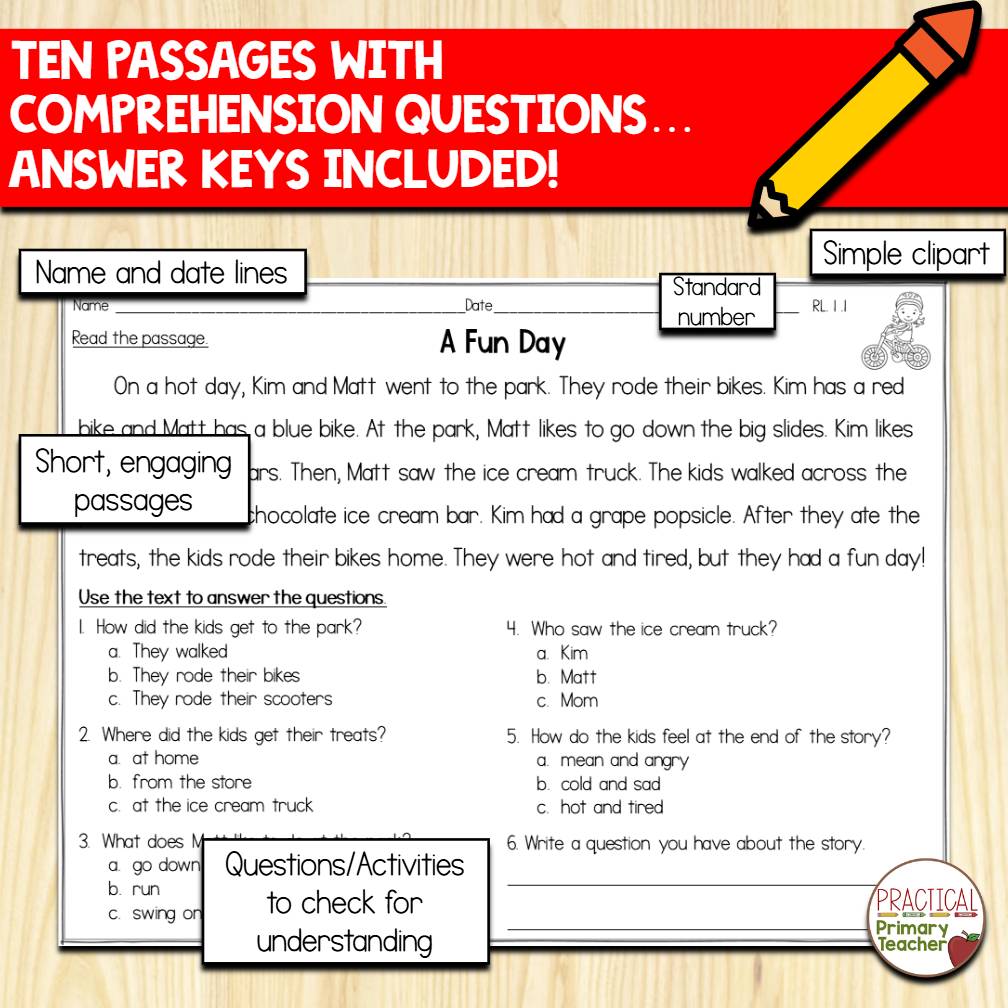 RL.1.1 Ask and Answer Questions Reading Passages First Grade RL1.1 1st Grade
