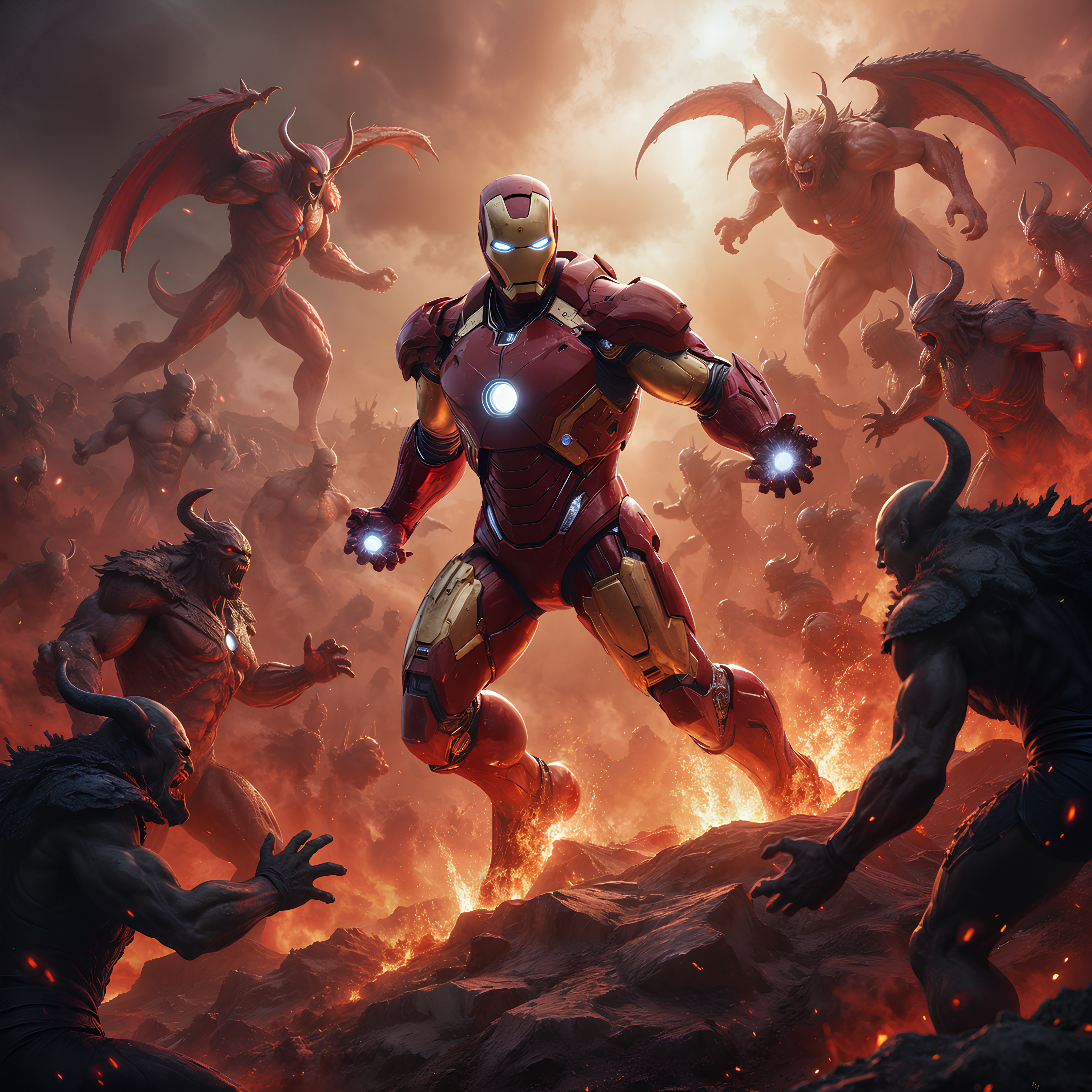 Iron man engaging upon a horde of hell demon's