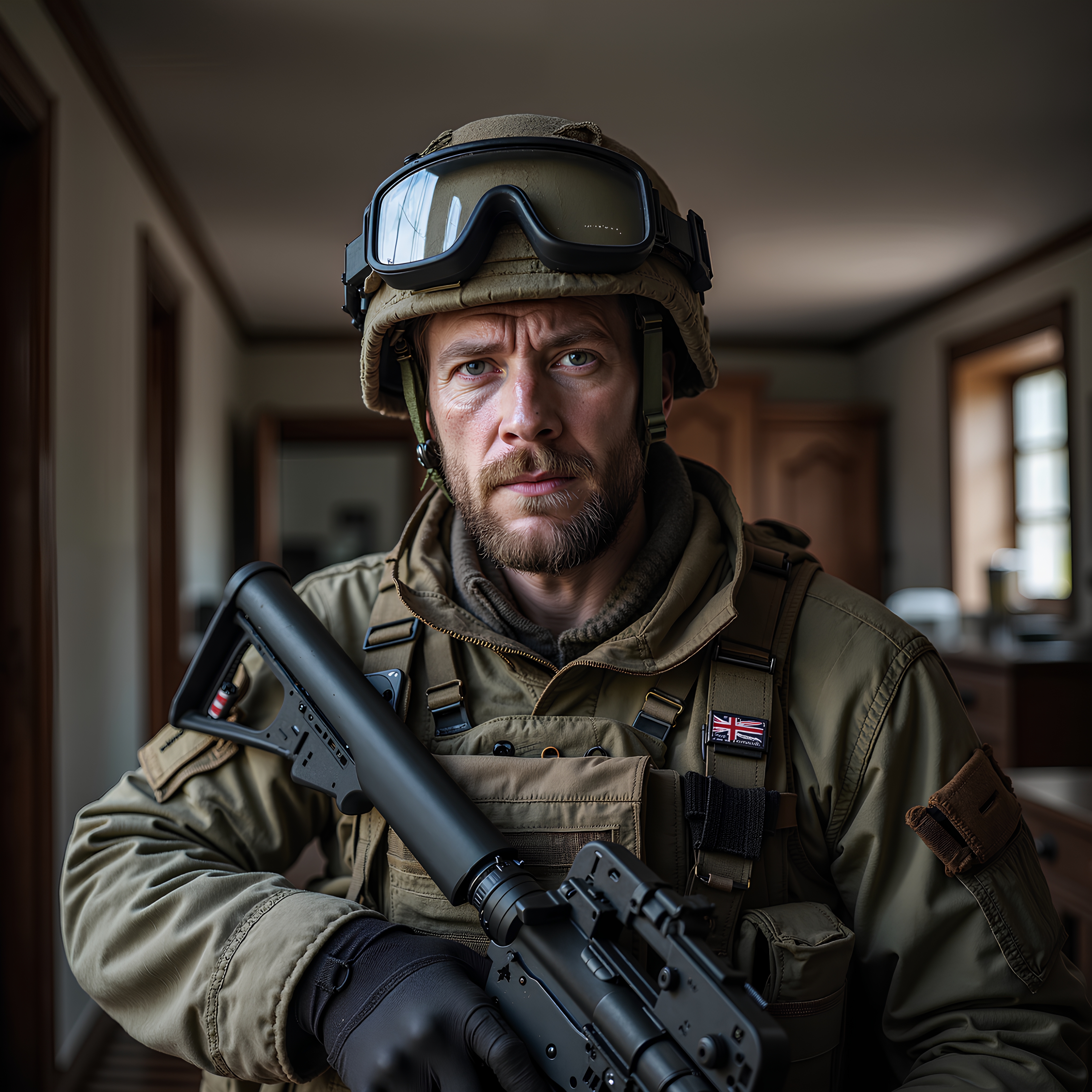 Former S.A.S. veteran guarding a position in a house
