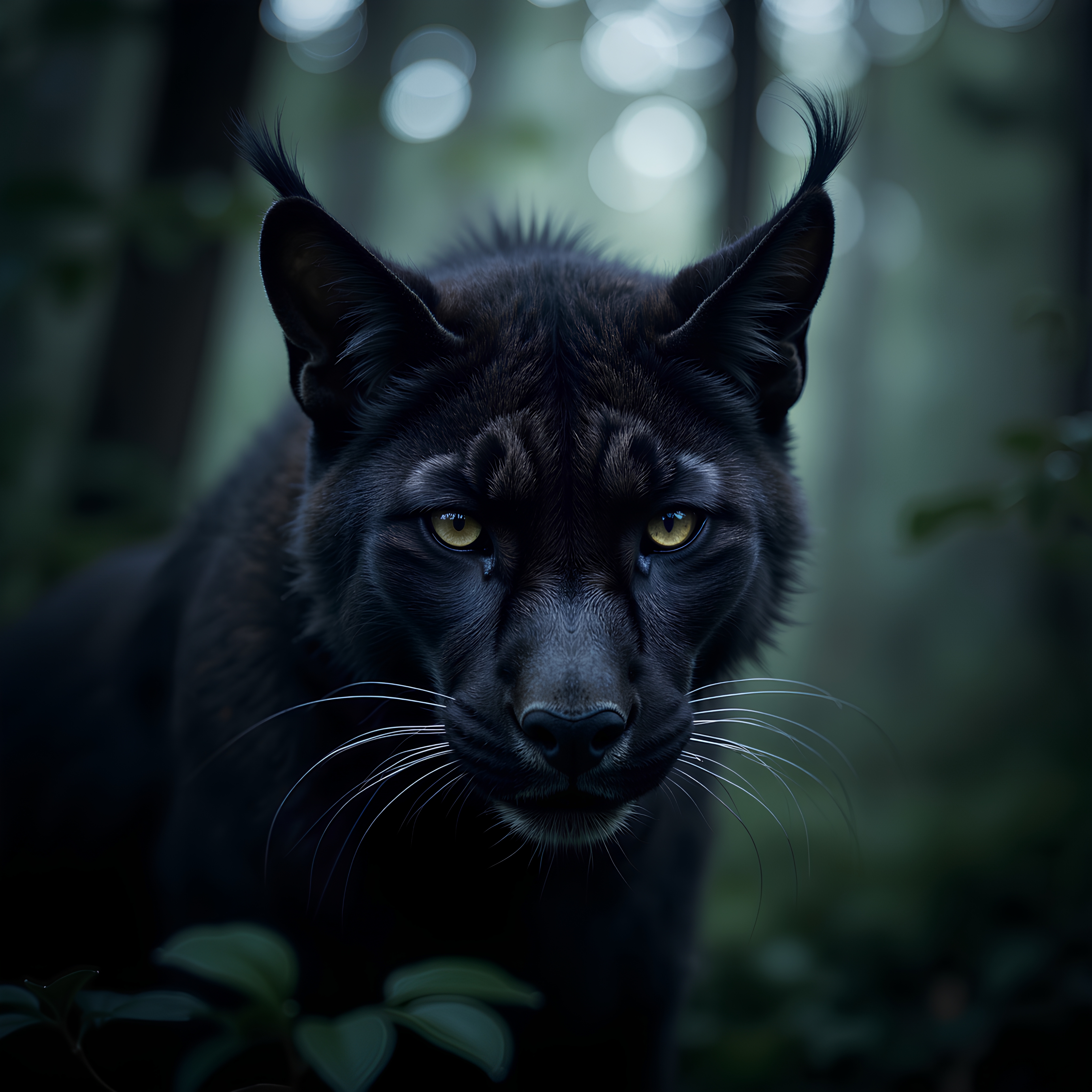 Black mountain puma in the mist of the forest