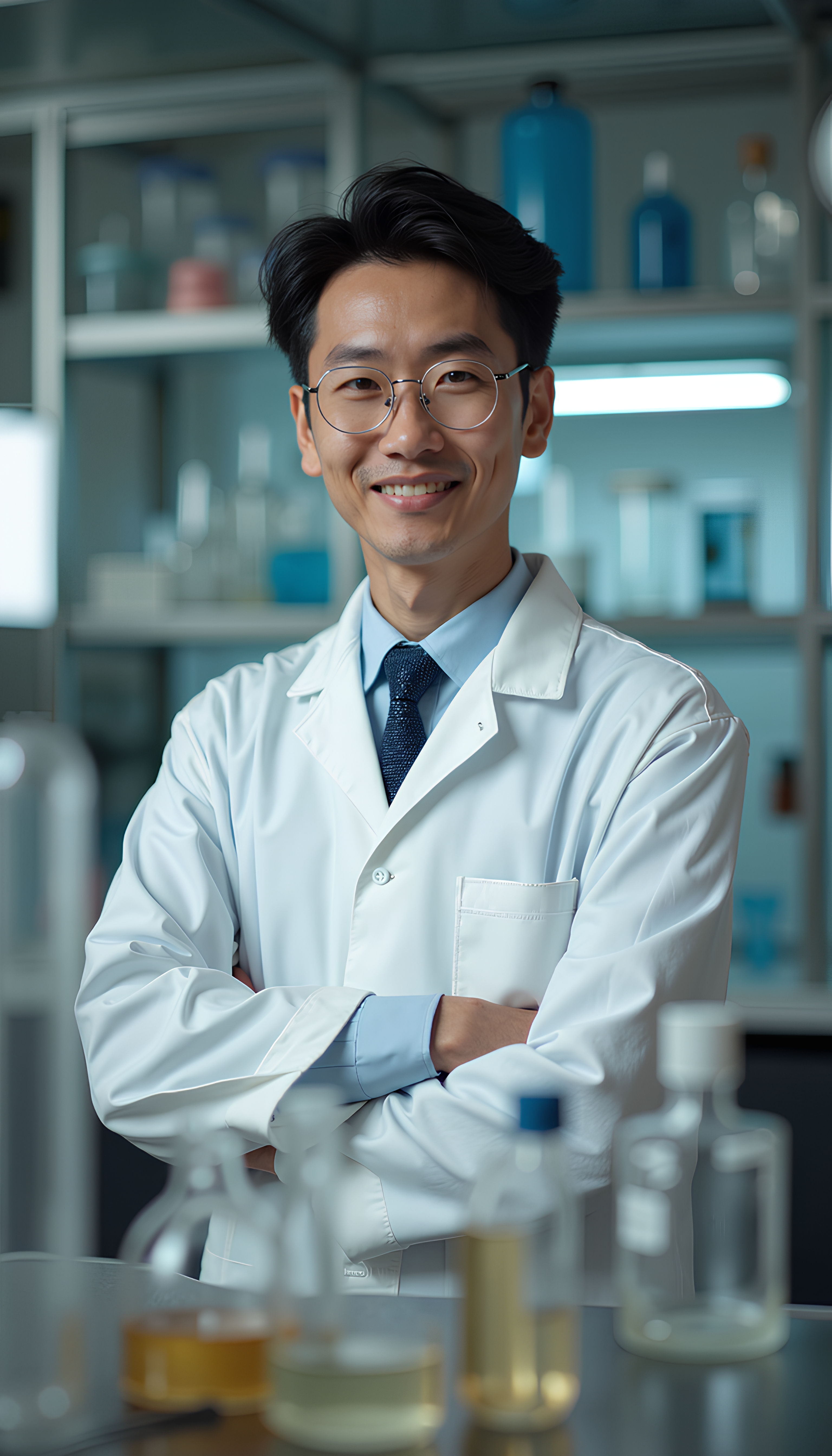 Japanese male scientist standing in a laboratory in front of test tubes and Bunsen burners.
