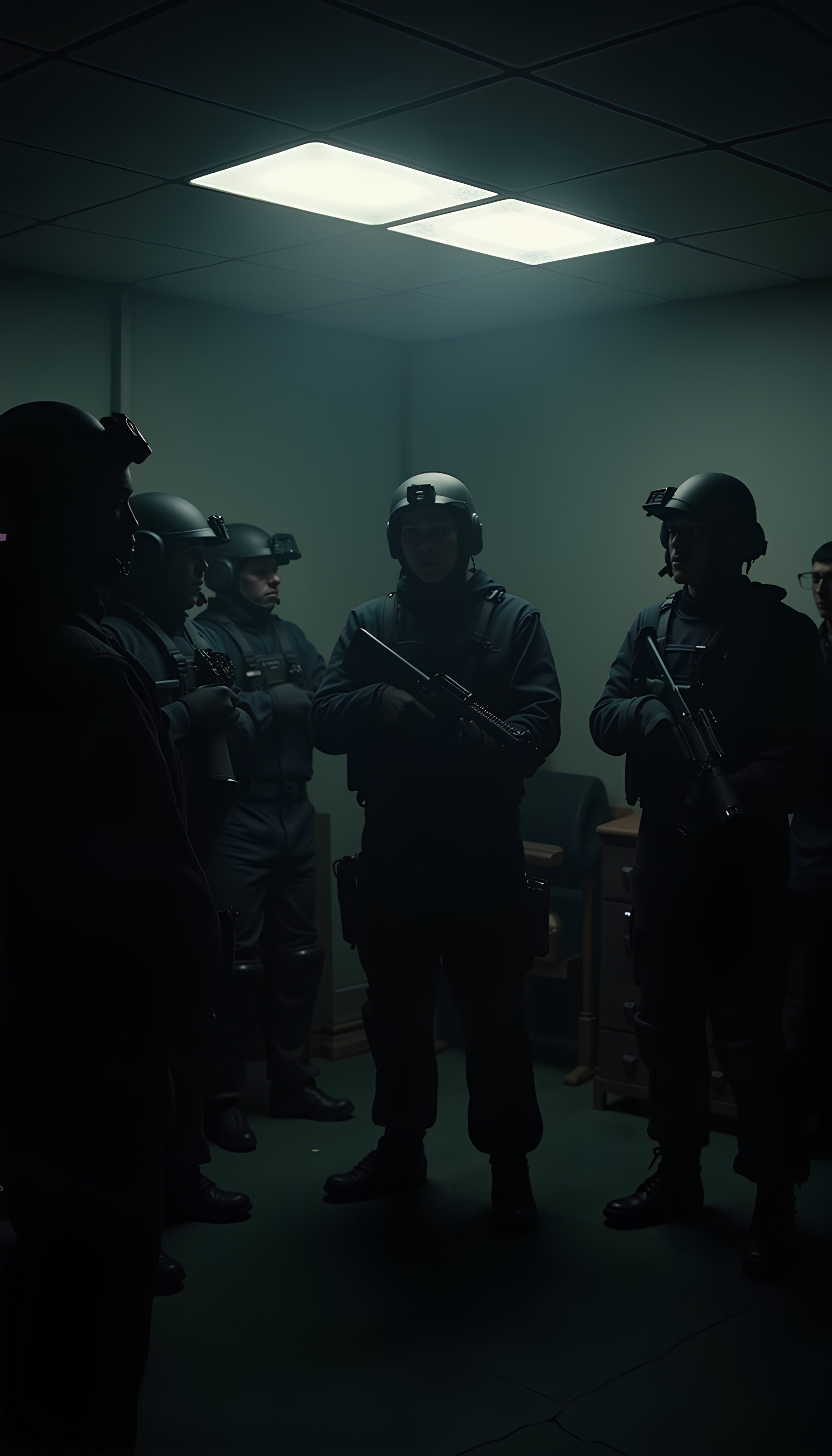 A CIA black ops unit in a dimly lit room gearing up to go on a mission.