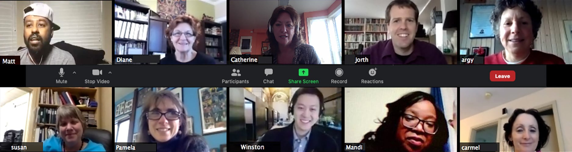 Screenshot of an online video call with ten participants, each appearing in their own window, smiling and engaged in discussion.