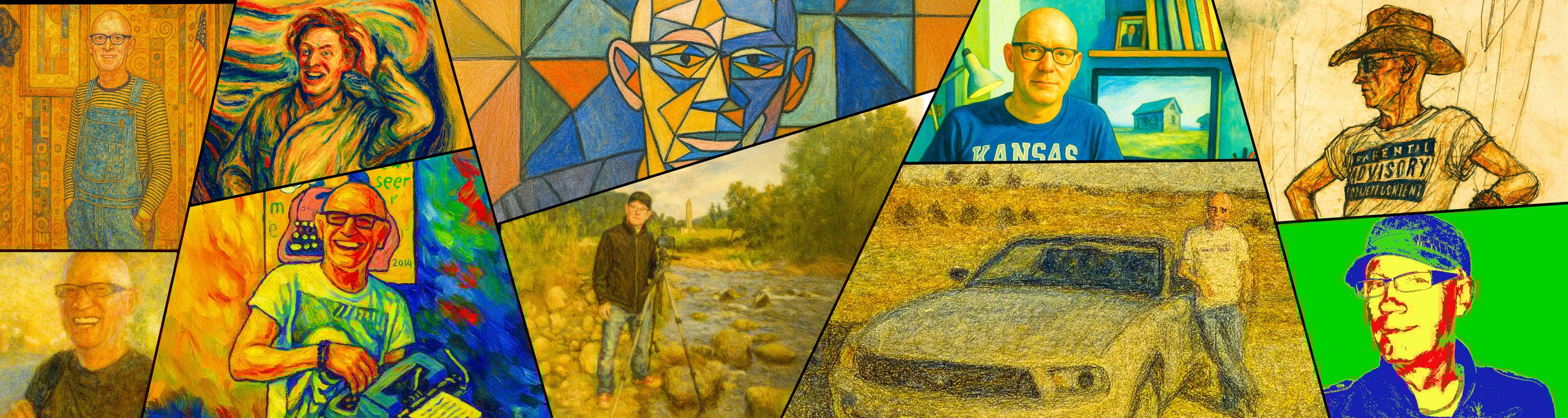 Collage of various artistic portraits of tutor Dave Mac Cathain, each rendered in a distinct style, including abstract, impressionist, pop art, and realistic depictions, set against vibrant backgrounds.