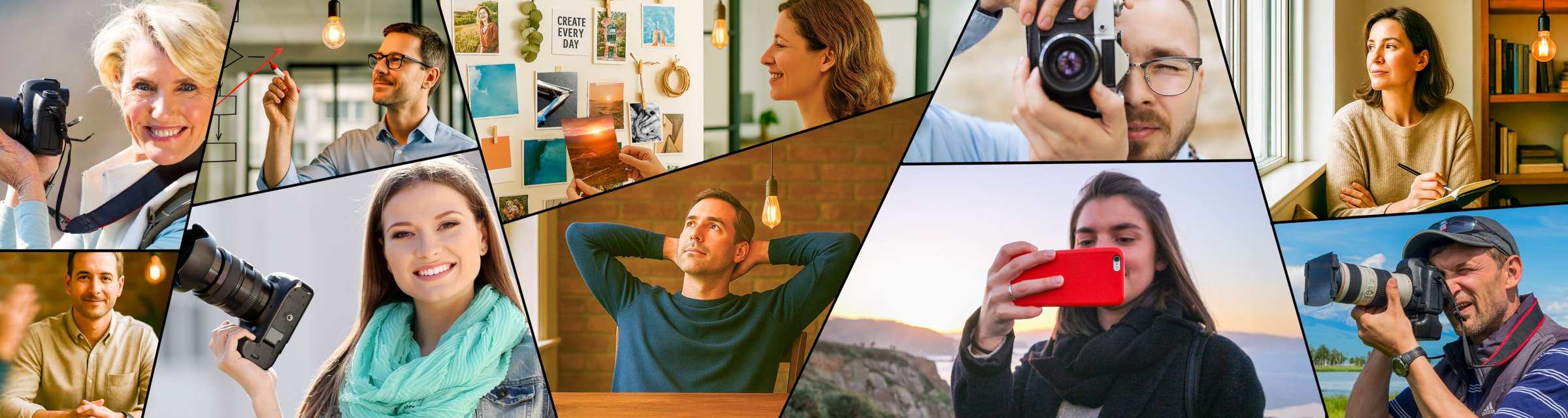Banner image for The Creative Guide homepage showing two learning paths: photography training in the top row with participants using cameras and smartphones, and Expressions courses in the bottom row with individuals engaged in creative thinking, reflection, and idea sharing.