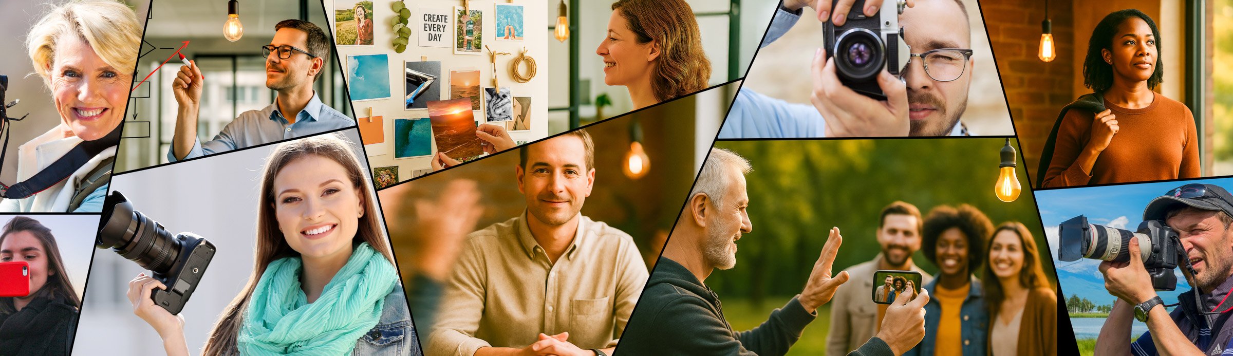 Collage of students engaged in photography and creative thinking activities, representing The Creative Guide’s Expressions and Photography courses