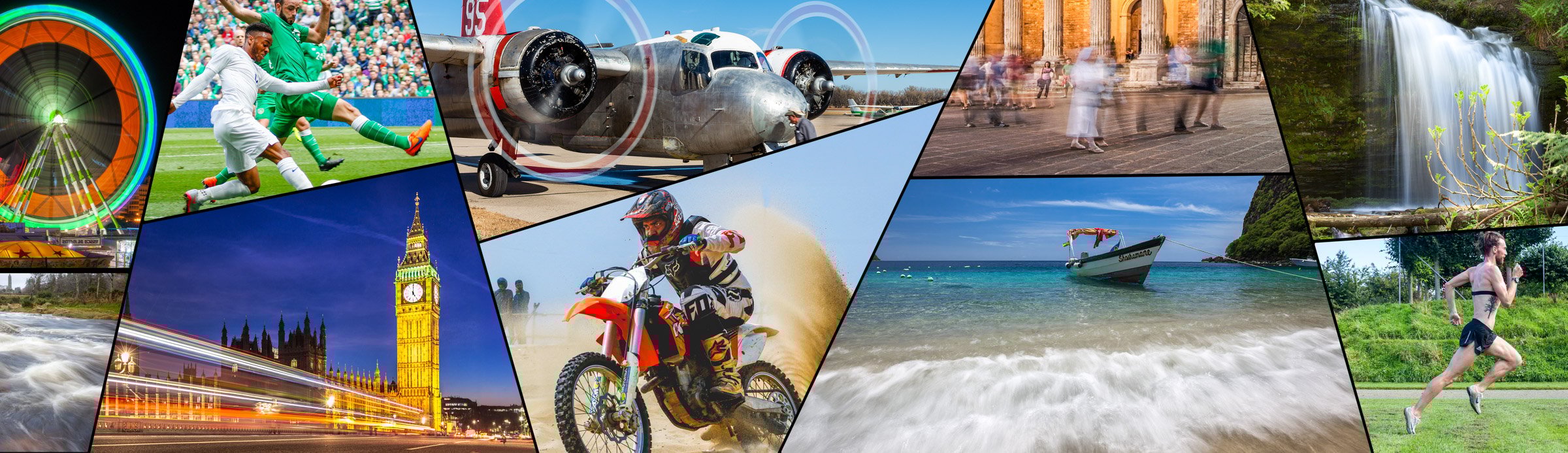 Collage of dynamic photography scenes including sports, landscapes, waterfalls, and city lights, showcasing diverse creative images shared by photographers.