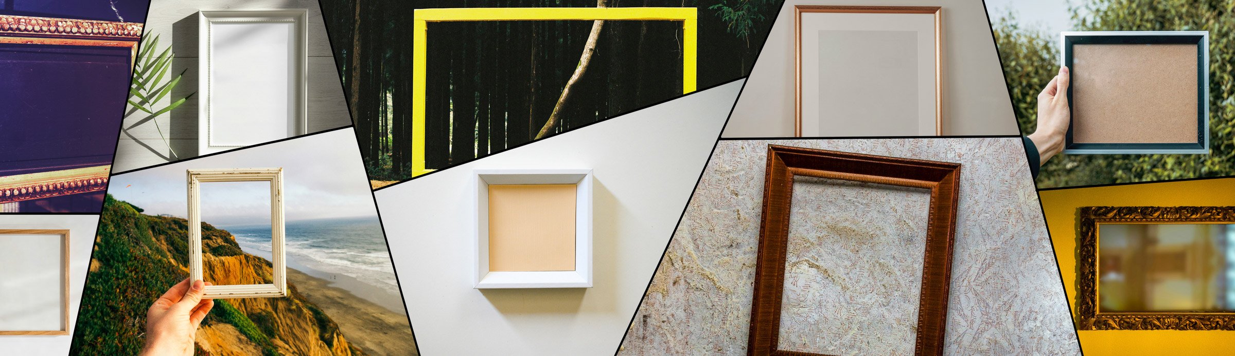 Collage of empty picture frames in various settings, symbolizing space for showcasing creative photography in The Creative Guide’s gallery.