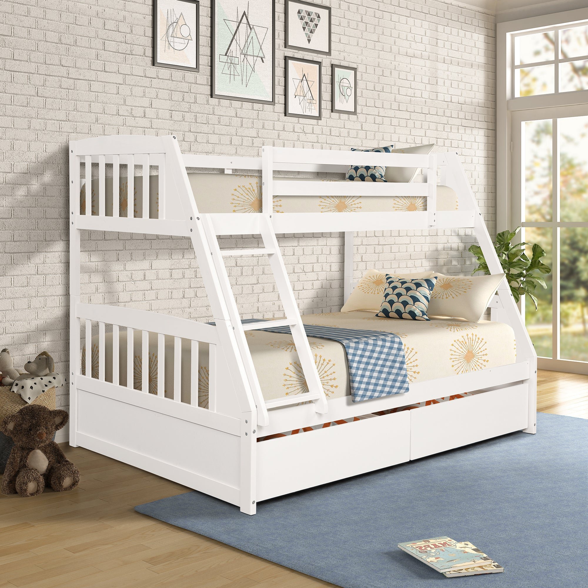 Solid Wood Twin Over Full Bunk Bed With Two Storage Drawers, White - Payhip