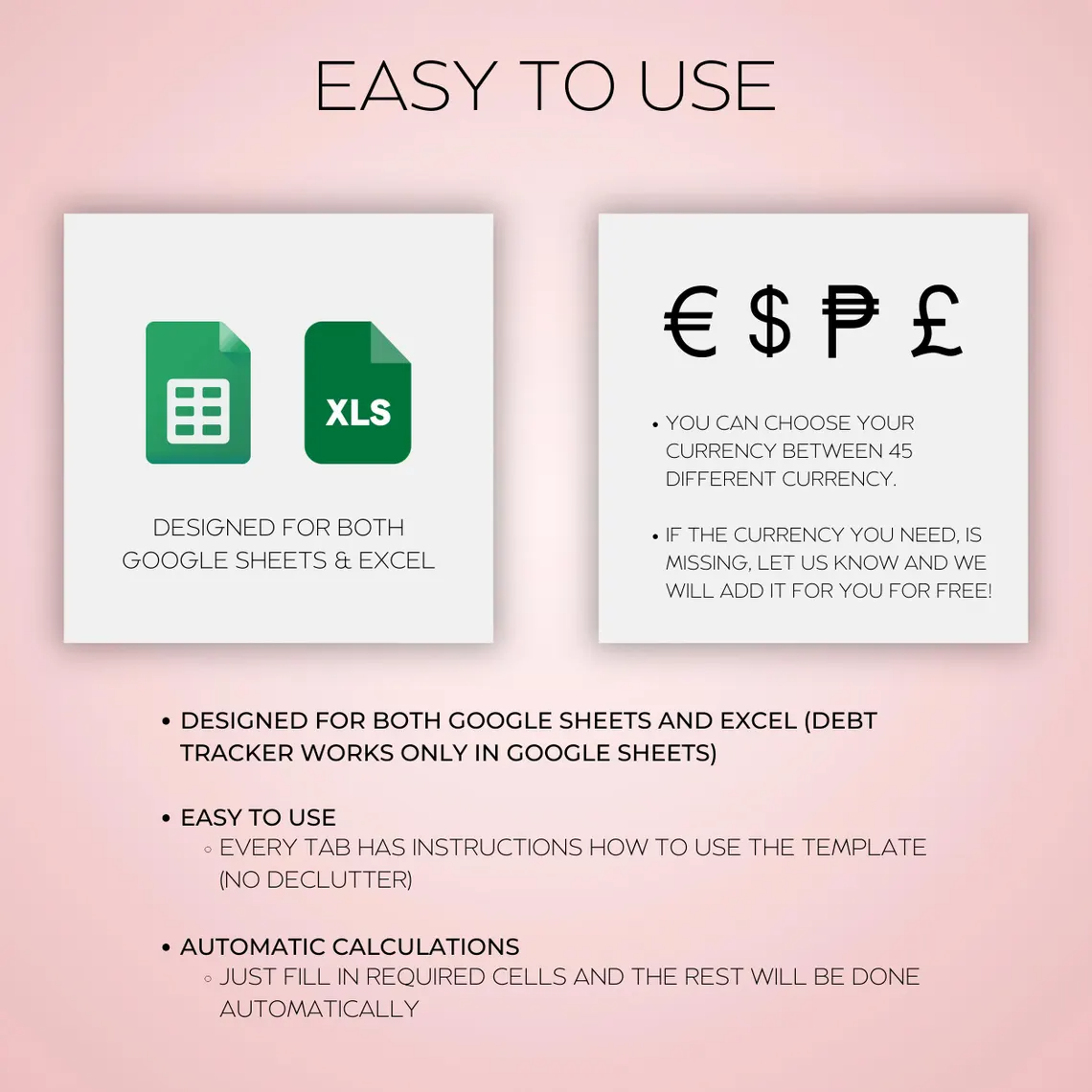 50/30/20 Budget Spreadsheet Template in Excel and Google Sheets – Visual one-tab budget planner with automatic category breakdown and debt tracker