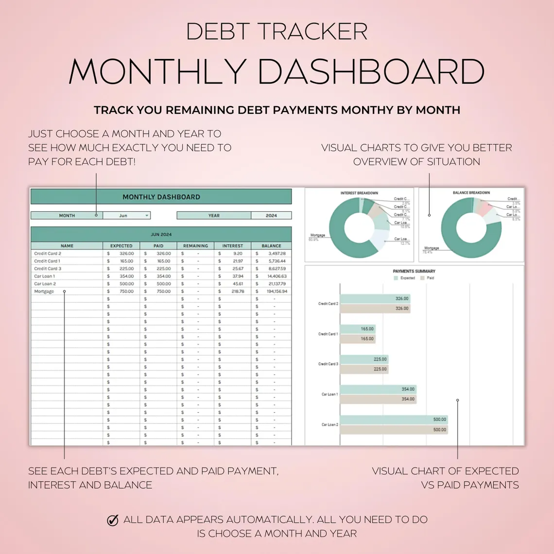 50/30/20 Budget Spreadsheet Template in Excel and Google Sheets – Visual one-tab budget planner with automatic category breakdown and debt tracker