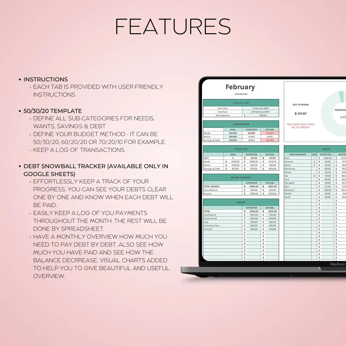 50/30/20 Budget Spreadsheet Template in Excel and Google Sheets – Visual one-tab budget planner with automatic category breakdown and debt tracker