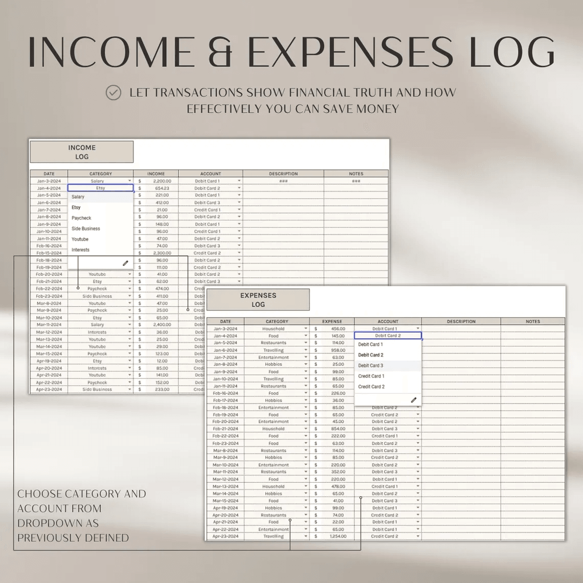 Income and Expenses Spreadsheet Template for Google Sheets and Excel – Budget tracker with income log, expense log, cash flow charts, and annual summary dashboard