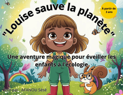 Illustration de la première page dun livre pour enfants. On y voit une petite fille brune nommée Louise, dans un jardin fleuri avec une maison en arrière-plan. Un oiseau est posé sur une branche darbre et un papillon vole à proximité. Le texte du livre