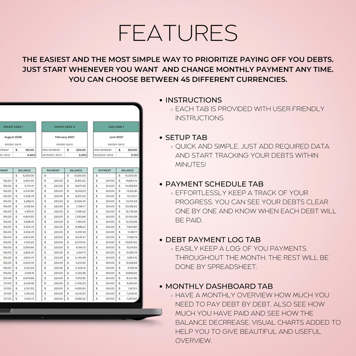 Snowball Debt Tracker Spreadsheet in Google Sheets – Debt payoff calculator with payment log, schedule, dashboard, and visual charts
