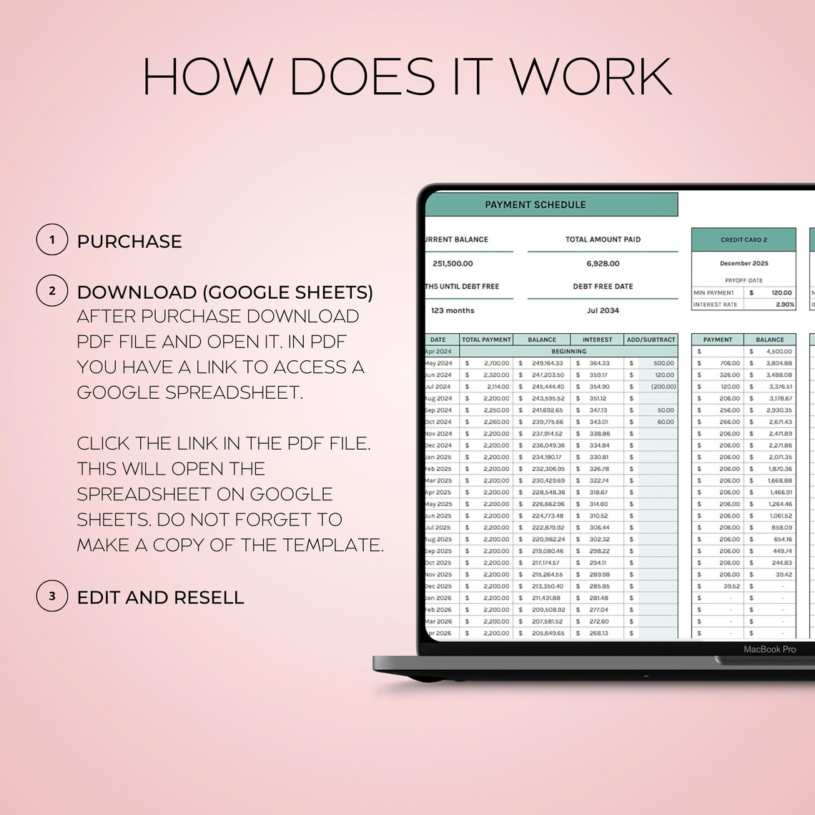 Snowball Debt Tracker Spreadsheet in Google Sheets – Debt payoff calculator with payment log, schedule, dashboard, and visual charts