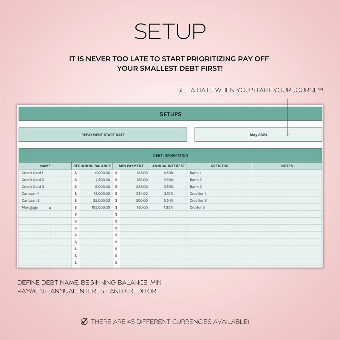 Snowball Debt Tracker Spreadsheet in Google Sheets – Debt payoff calculator with payment log, schedule, dashboard, and visual charts