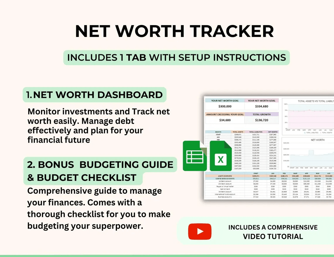 Net Worth Tracker Spreadsheet – Google Sheets and Excel Template to calculate assets, liabilities, and total wealth with auto dashboard