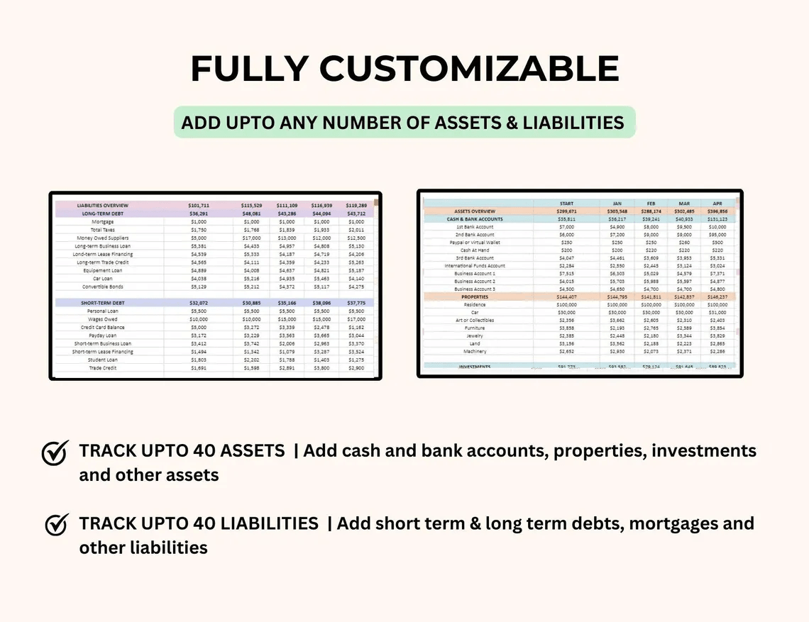 Net Worth Tracker Spreadsheet – Google Sheets and Excel Template to calculate assets, liabilities, and total wealth with auto dashboard