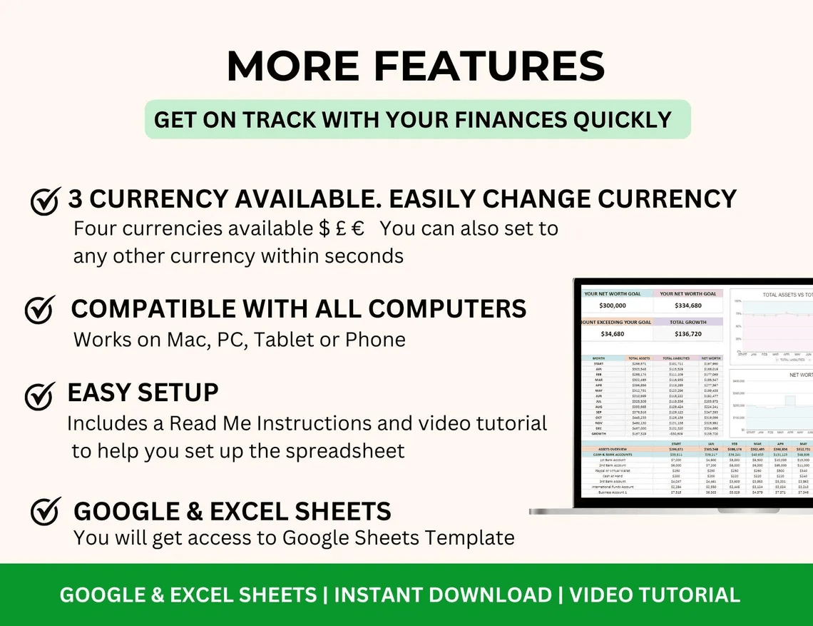 Net Worth Tracker Spreadsheet – Google Sheets and Excel Template to calculate assets, liabilities, and total wealth with auto dashboard