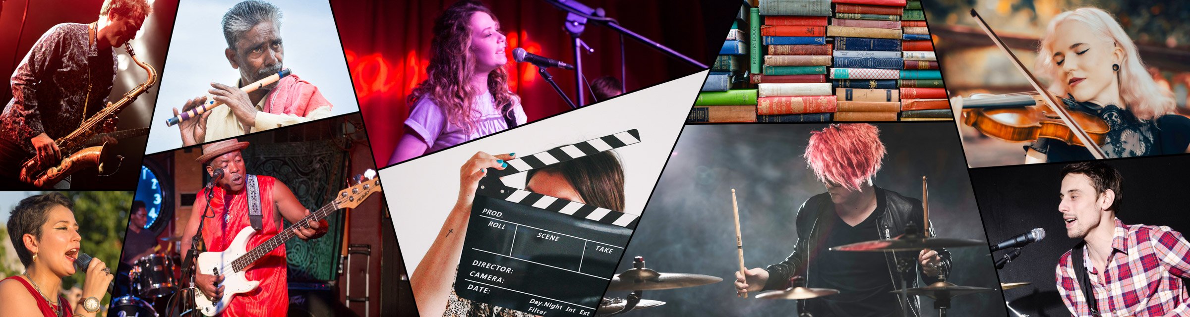 Hero banner collage featuring a saxophonist, flutist, female singer, bass guitarist, drummer, violinist, and microphone performer, alongside a film clapperboard and a stack of classic books — symbolizing creative expression across music, film, and literature.