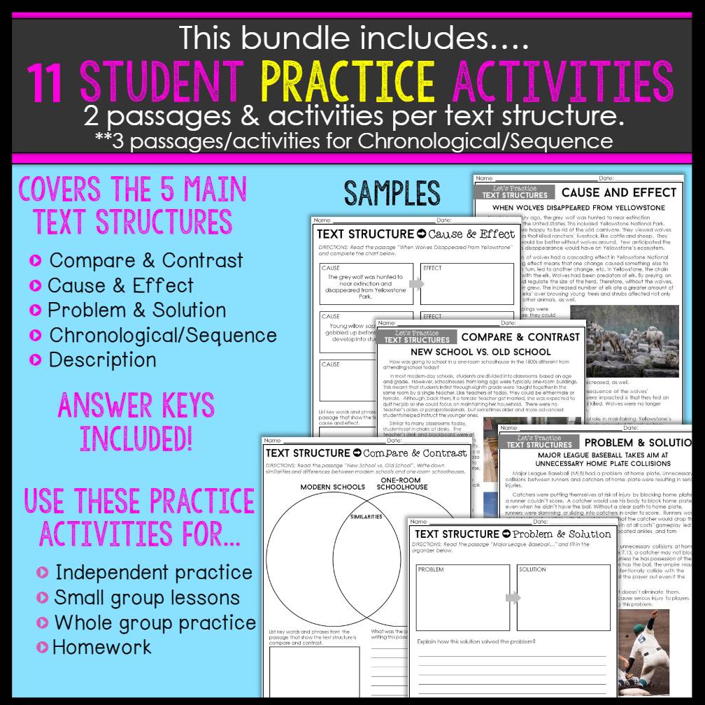 Nonfiction Text Structures Unit Passages, Worksheets, Practice & MORE