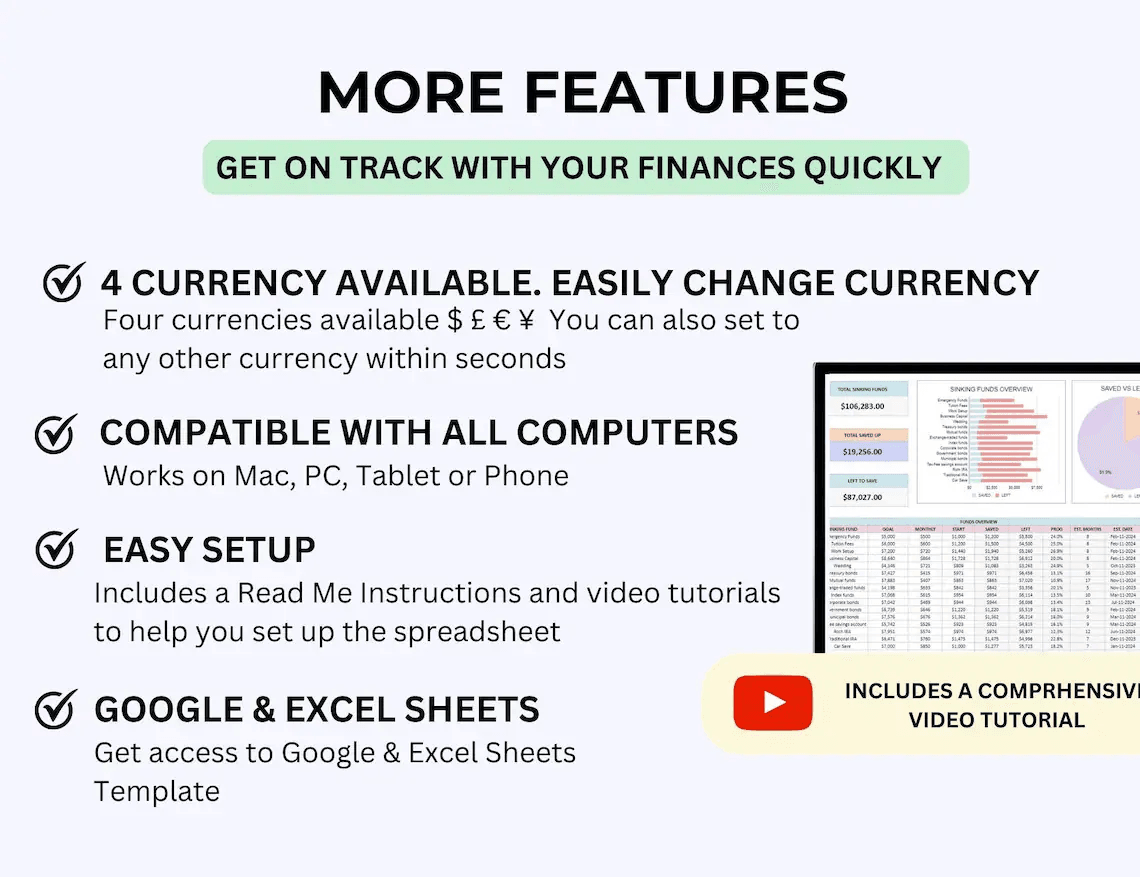 Sinking Funds Tracker Spreadsheet – Google Sheets and Excel savings template for budgeting and tracking up to 40 financial goals