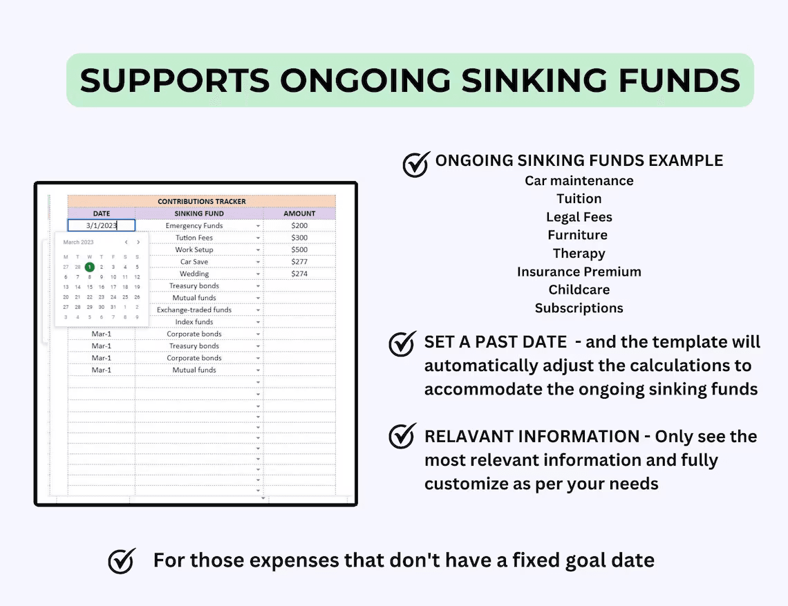 Sinking Funds Tracker Spreadsheet – Google Sheets and Excel savings template for budgeting and tracking up to 40 financial goals