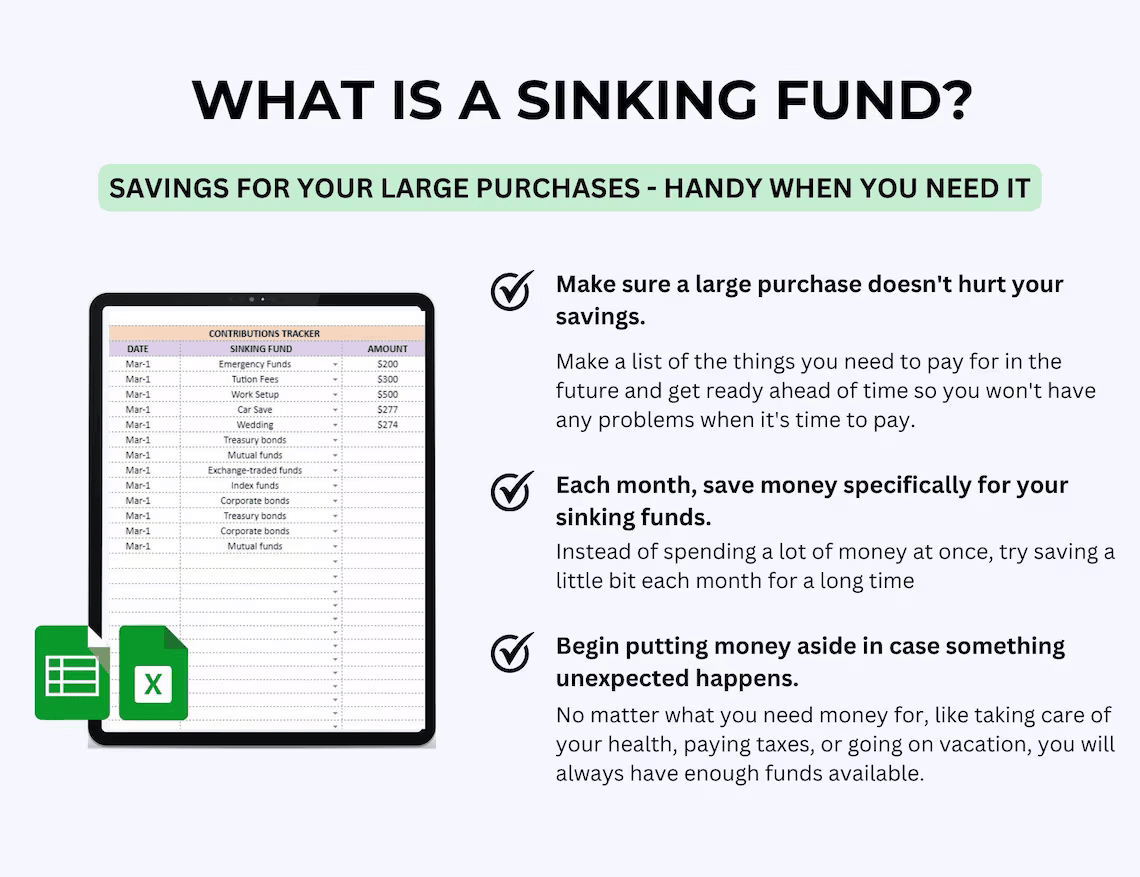 Sinking Funds Tracker Spreadsheet – Google Sheets and Excel savings template for budgeting and tracking up to 40 financial goals