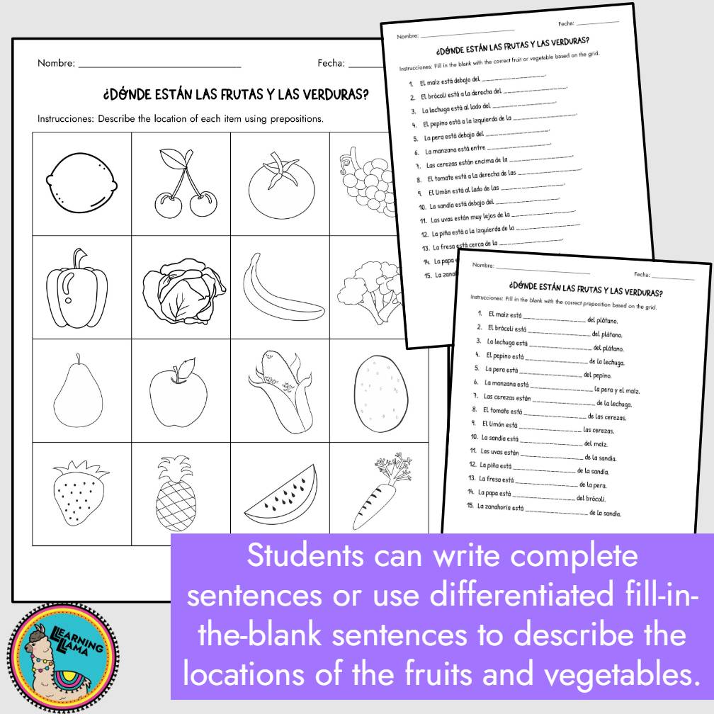 Spanish Fruits and Vegetables Prepositions Worksheets