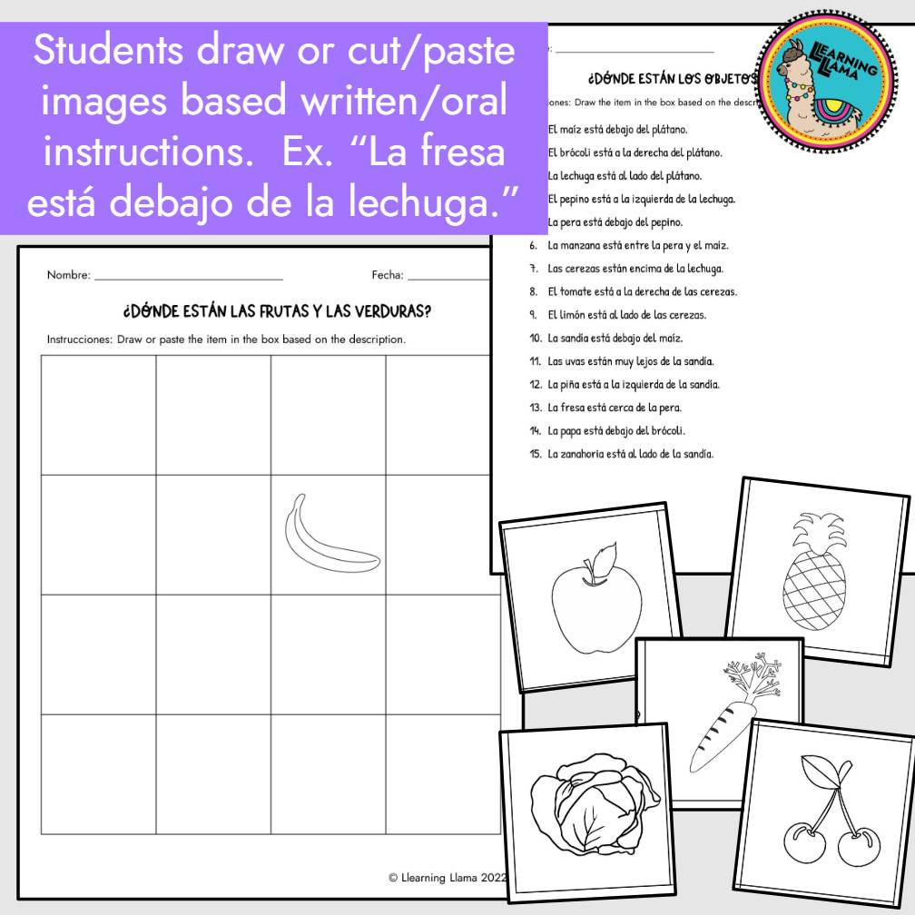 Spanish Fruits and Vegetables Prepositions Worksheets