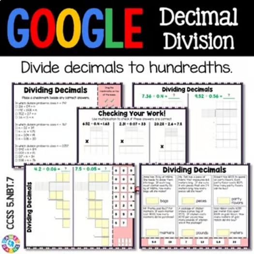 5th Grade Dividing Decimals by Decimals Activity with Digital Worksheets Models