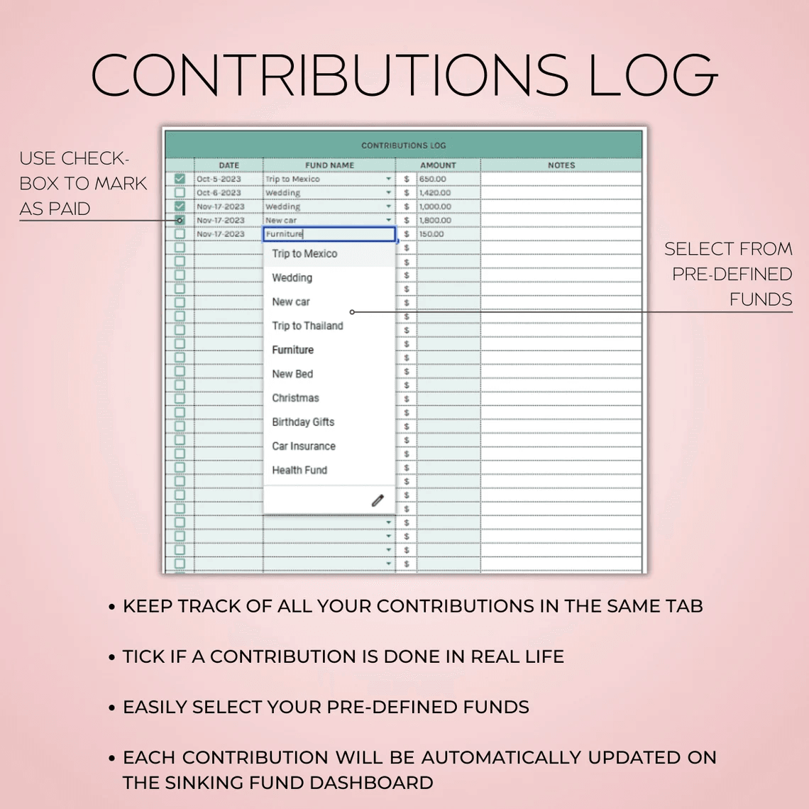 Sinking Funds Spreadsheet – Excel and Google Sheets template for tracking savings goals with dashboard and visual charts