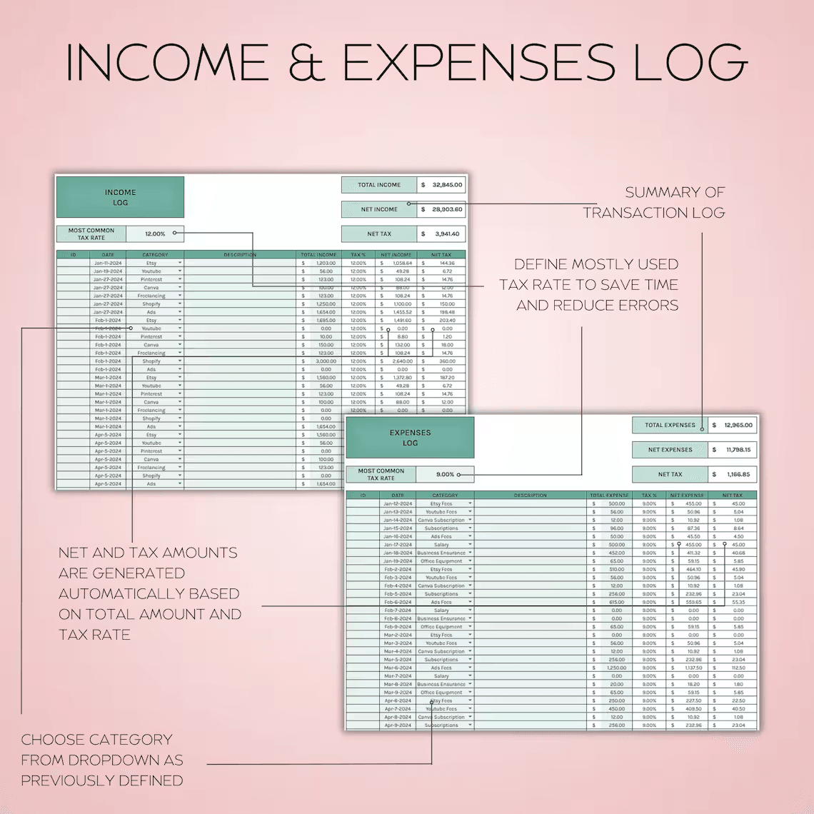 Bookkeeping Template for Excel and Google Sheets – Small business accounting spreadsheet with income log, expense log, monthly and annual overview